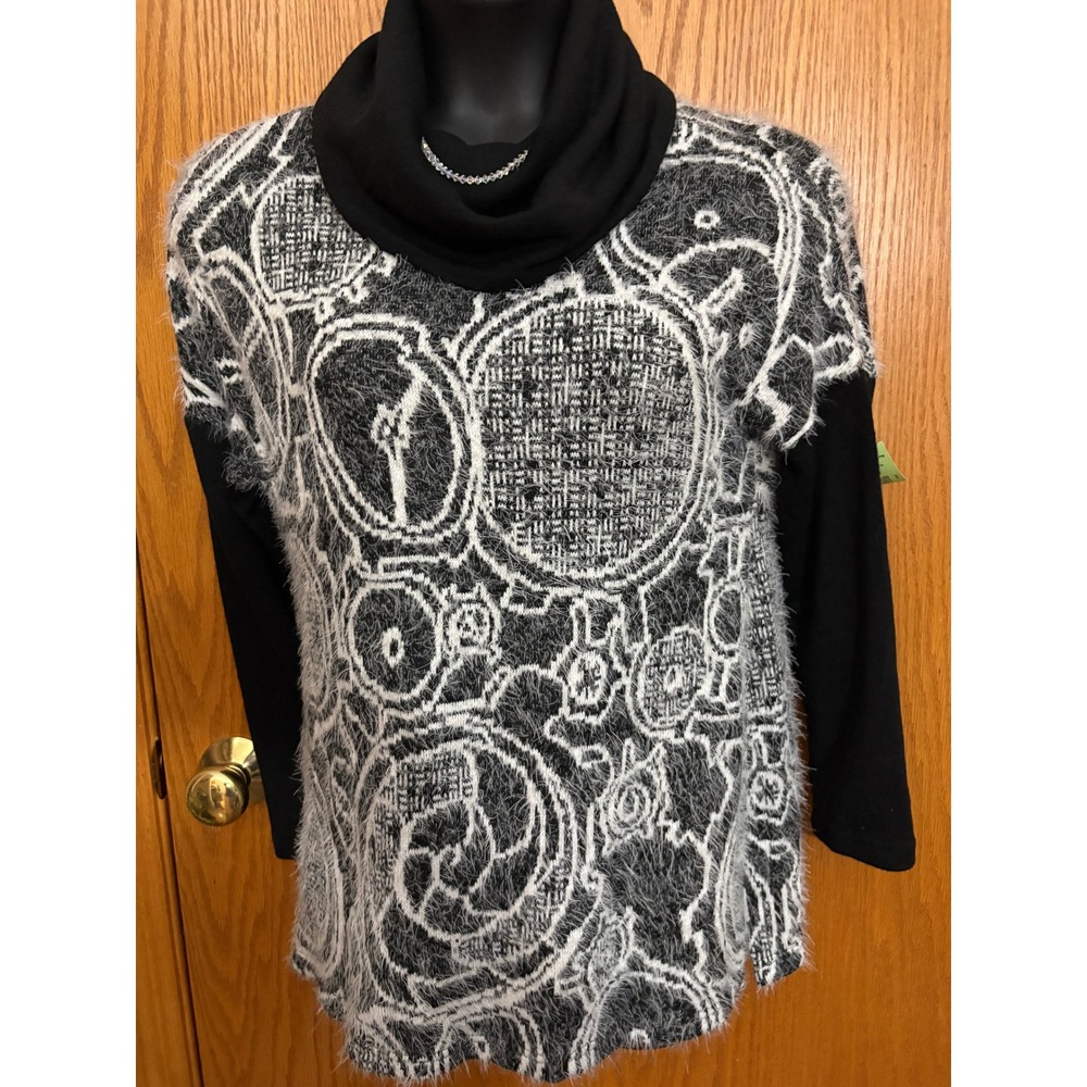 Ali Miles Womens Small Black White Eyelash Knit Cowl Neck Gear Tunic Sweater